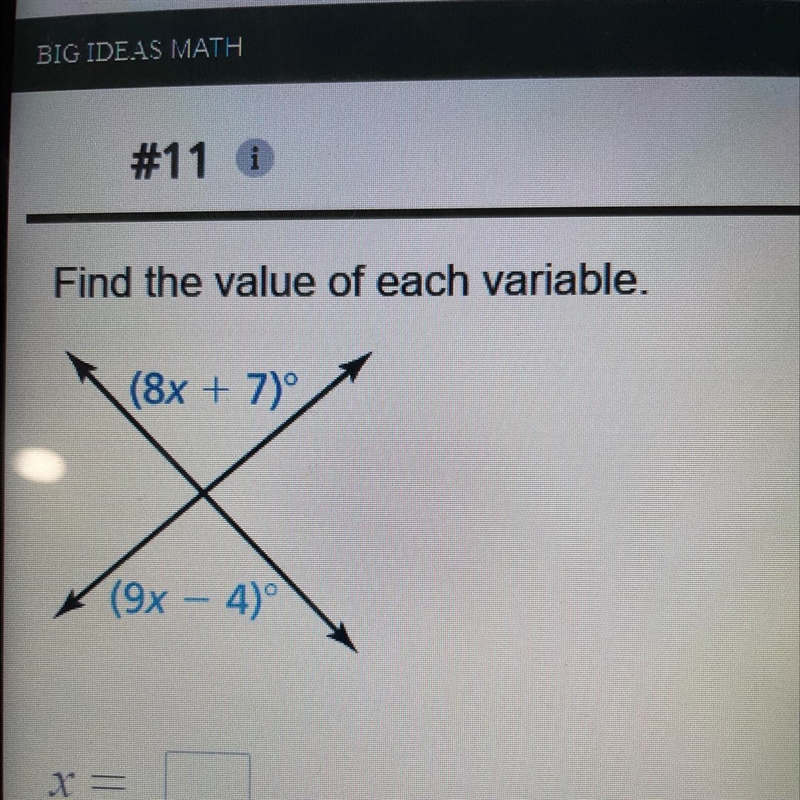 Find the value of each variable (8x+7)° (9x-4) °-example-1