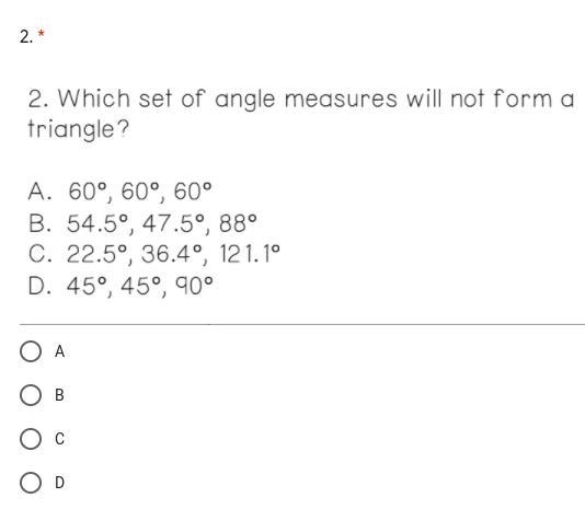 Which set of angle measures will not form a triangle?-example-1