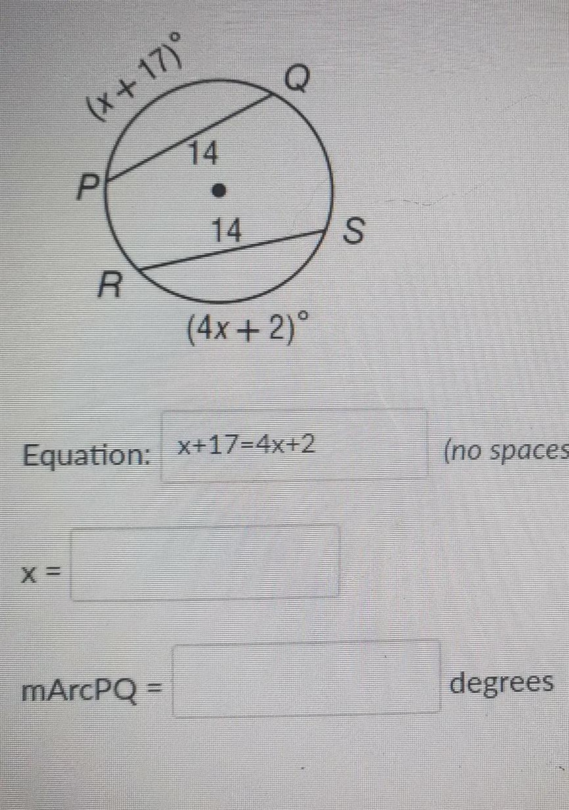 Write and solve an equation to calculate the measure of arc PQ (I'm not sure if my-example-1