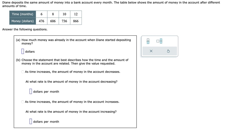 Diane deposits the same amount of money into a bank account every month. The table-example-1