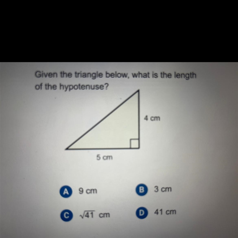 Given the triangle below, what is the length of hypotenuse?-example-1