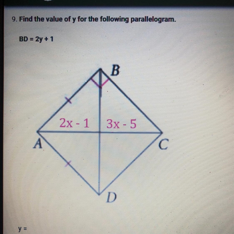 Please help! Find the value of x and y for the following parallelogram.-example-1