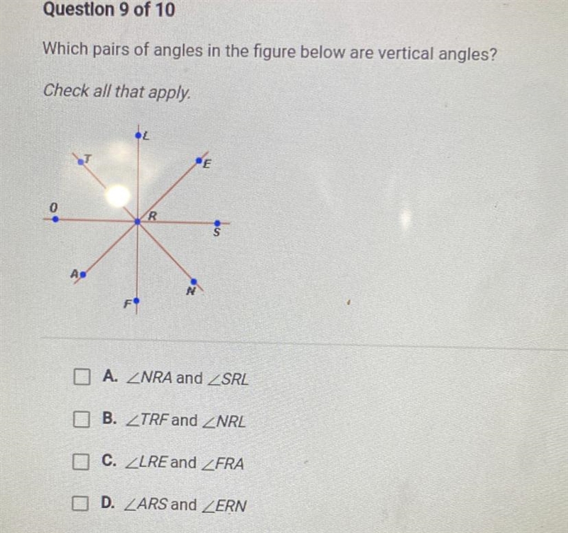 Question 9 of 10 Which pairs of angles in the figure below are vertical angles? Check-example-1