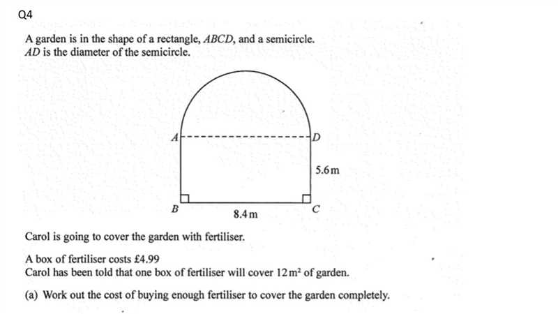 A garden is in the shape of a rectangle, ABCD, and a semicircle. AD is the diameter-example-1