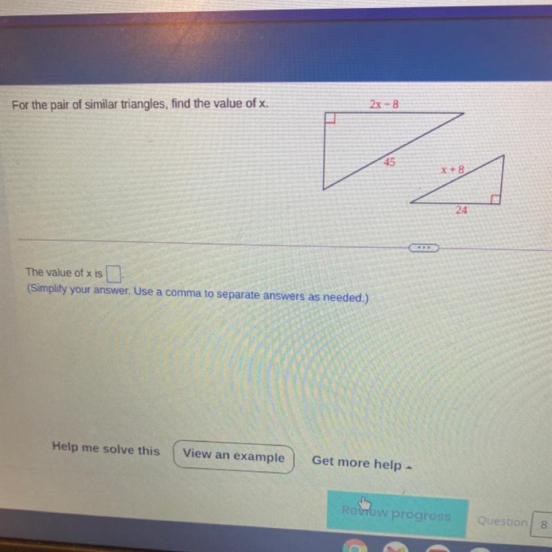 For the pair of similar triangles, find the value of x.-example-1