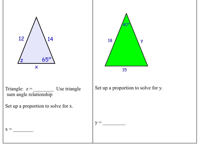 These are SIMILAR figures. Fill in ALL the missing values for the angles and sides-example-3