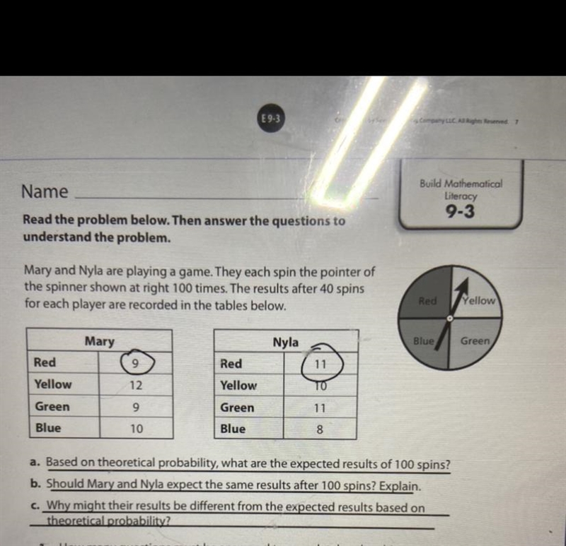 ADD #5.) a. Based on theoretical probability, what are the expected results of 100 spins-example-1