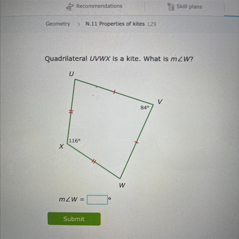 Quadrilateral UVWX is a kite. What is mZw?-example-1