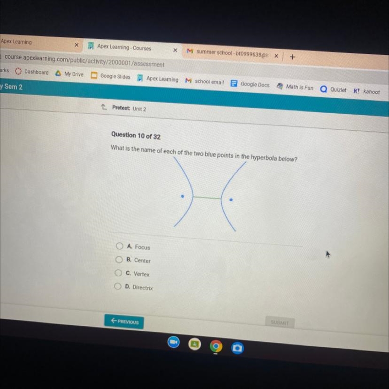 What is the name of each of the two blue points in the hyperbola below? A. Focus B-example-1