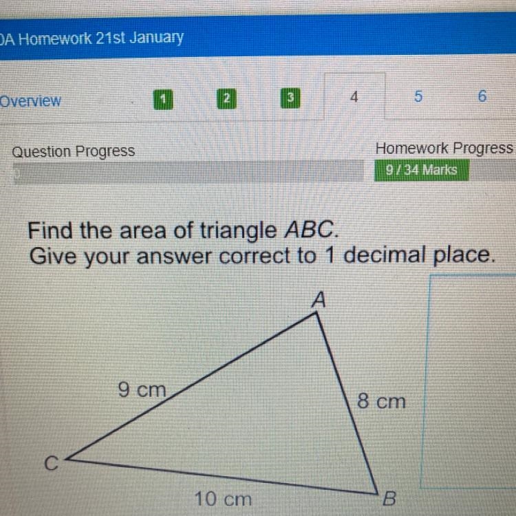 Find the area of triangle ABC. Give your answer correct to 1 decimal place. 9 cm 8 cm-example-1