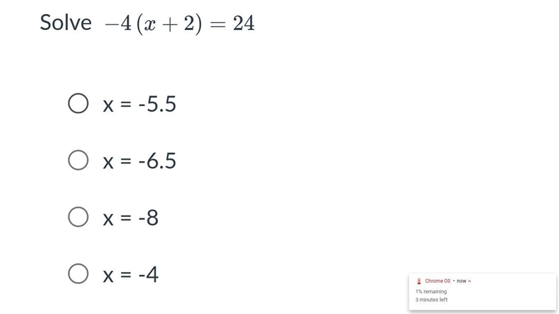 Solve: -4 (x + 2) =24 show work-example-1