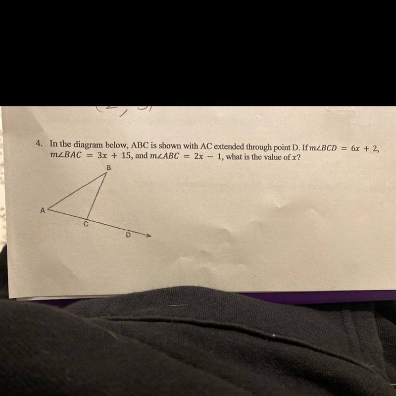 4. In the diagram below, ABC is shown with AC extended through point D. If mzBCD = 6x-example-1