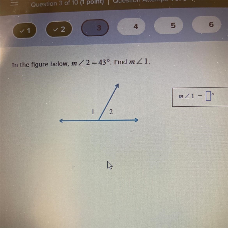 In the figure below, m<2=43°. Find m<1. m<1 =-example-1