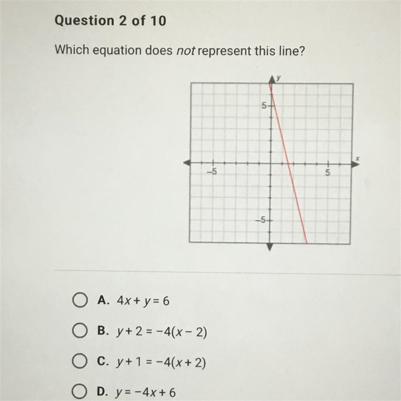 Which equation does not represent this line? A. 4x+y= 6 B. y+2=-4(x-2) C. y+1=-4(x-example-1