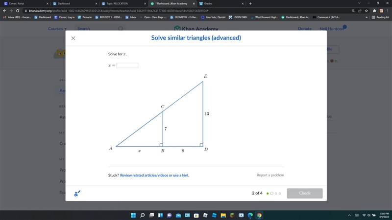 Solve similar triangles advanced-example-1