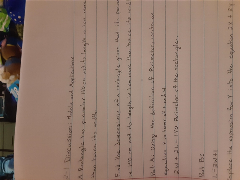 2-1 Discussion: Models and Applications. 15 is 1cm A Rectangle has perimeter 140 cm-example-1