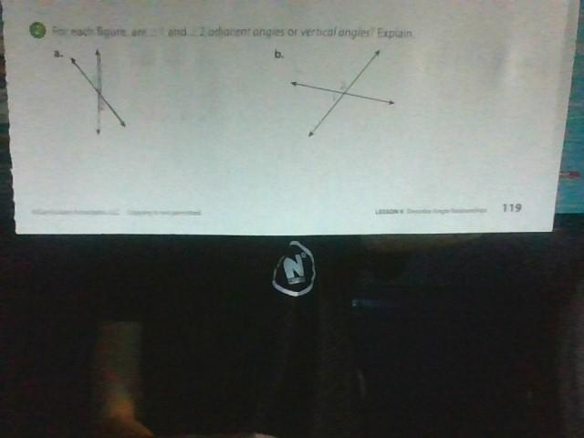 For each figure, <1 and <2 adjacent angles or vertical angles?-example-1