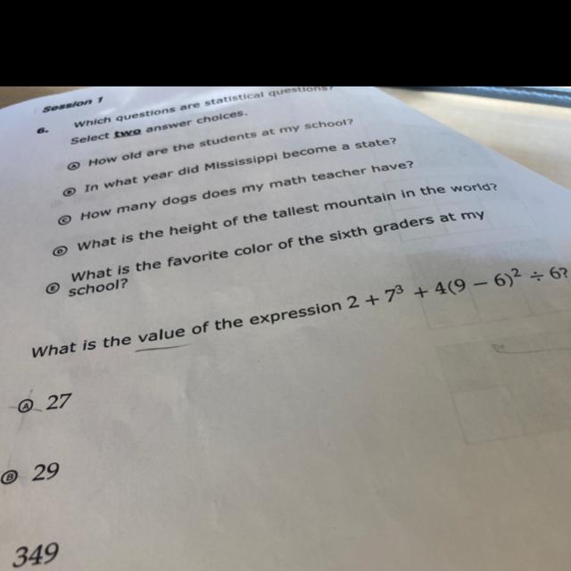 © How many dogs does my math teacher have? © What is the value of the expression 2 + 73 + 4(9 - 6)2 = 6?-example-1