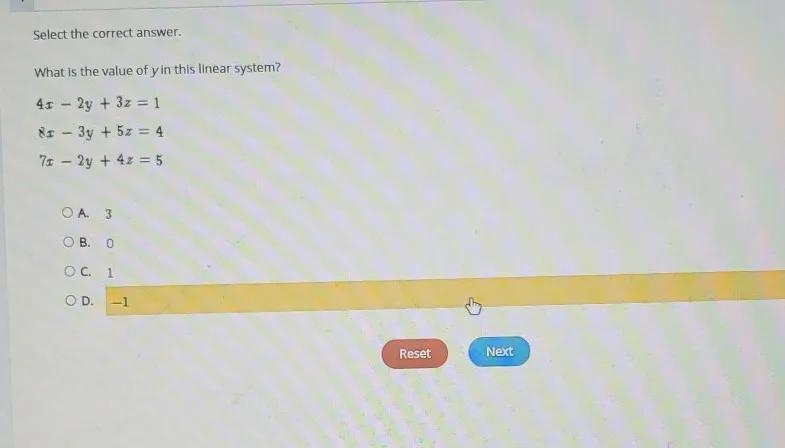 Select the correct answer. What is the value of y in this linear system? 41 - 2y + 3z-example-1