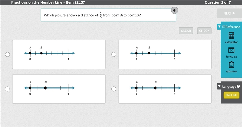 Which picture shows a distance of 2/6 from point A to point B?-example-1