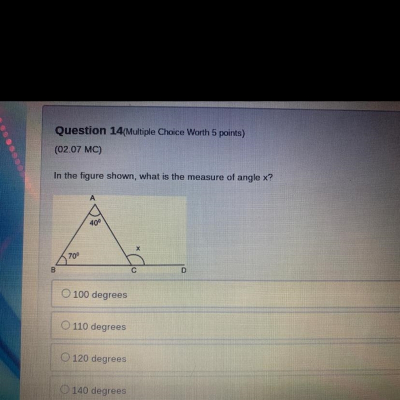 Multiple Choice Worth 5 points) (02.07 MC) In the figure shown, what is the measure-example-1