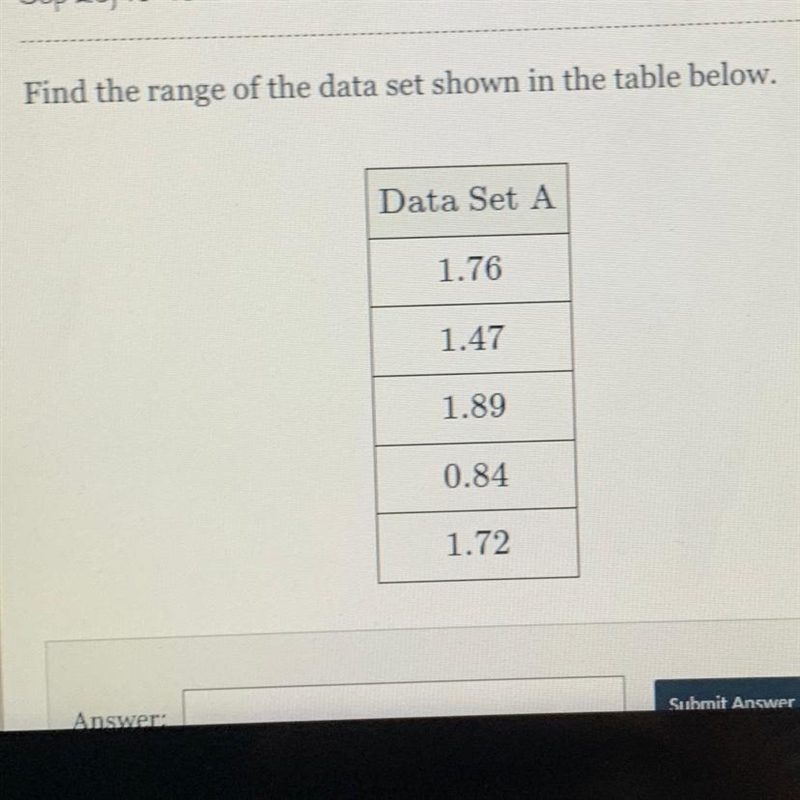 Find the range of the data set shown in the table below. Data Set A 1.76 1.47 1.89 0.84 1.72-example-1