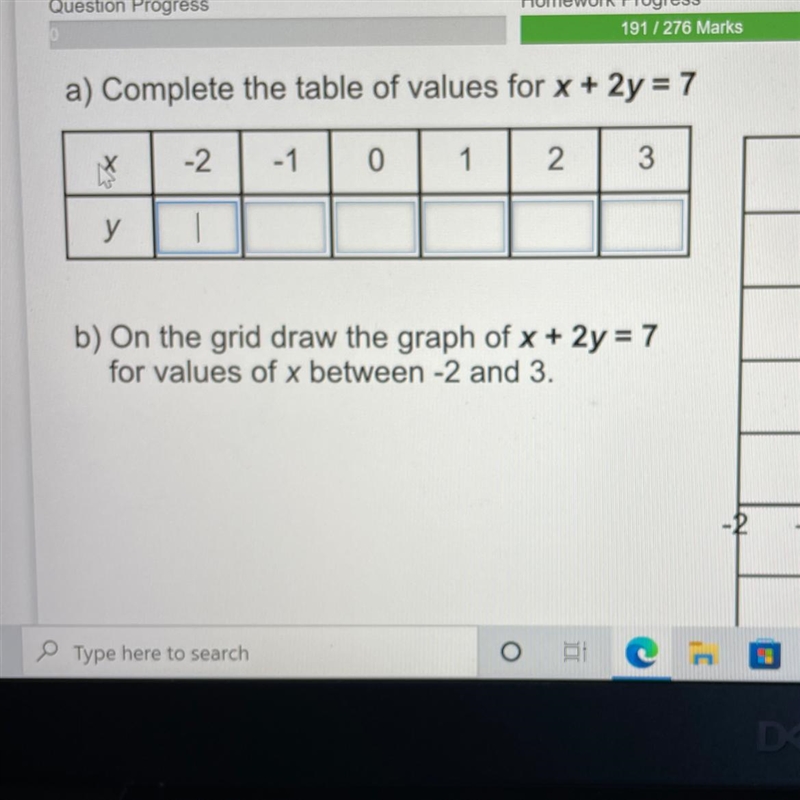 A) Complete the table of values for x + 2y = 7-example-1