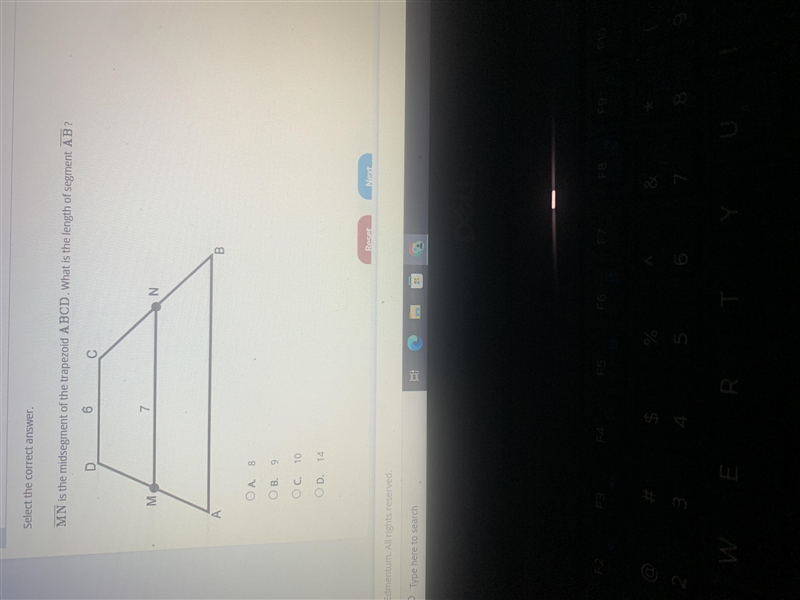 Select the correct answer.MN is the midsegment of the trapezoid ABCD. What is the-example-1