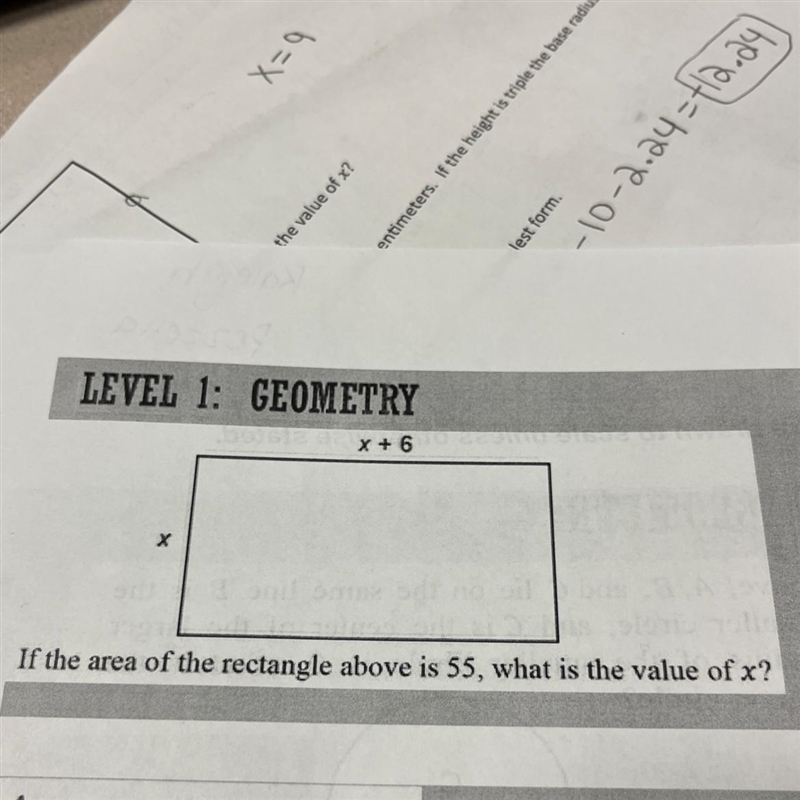 If the area of the rectangle above is 55, what is the value of x?-example-1