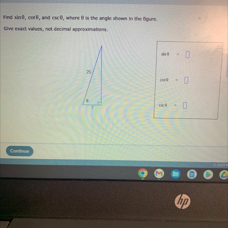 Find sin 8, cot0, and csc0, where 8 is the angle shown in the figure. Give exact values-example-1