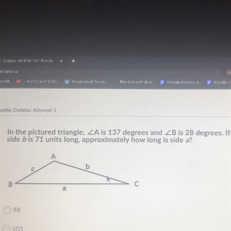 In the pictured triangle, ZA is 137 degrees and ZB is 28 degrees. If side bis 71 units-example-1