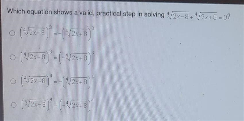 Which equation shows a valid practical step in solving 4 sqrt 2x -8+ 4sqrt 2x+8=0 ?-example-1