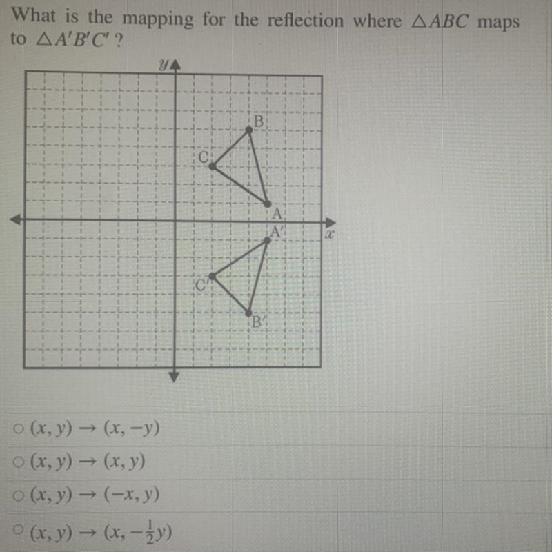 What is the mapping for the reflection where ABC maps to A’B’C’ ? A - (x,y) —> (x-example-1