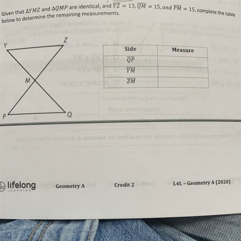 2. Given that AYMZ and AQMP are identical, and YZ = 13, QM = 15, and PM below to determine-example-1