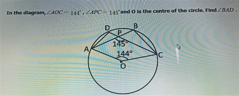 In the diagram, AOC = 144 degrees, APC = 145 degree and onis the center of the circle-example-1