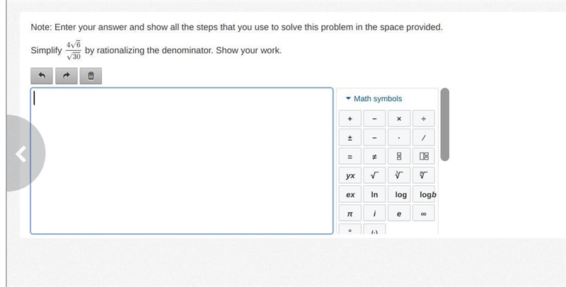 Need help ASAP! TYSM! Simplify 4√6/√30. Show steps.-example-1