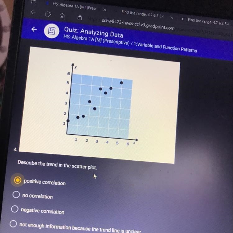 Please HURRY Describe the trend in the scatter plot. • positive correlation no correlation-example-1