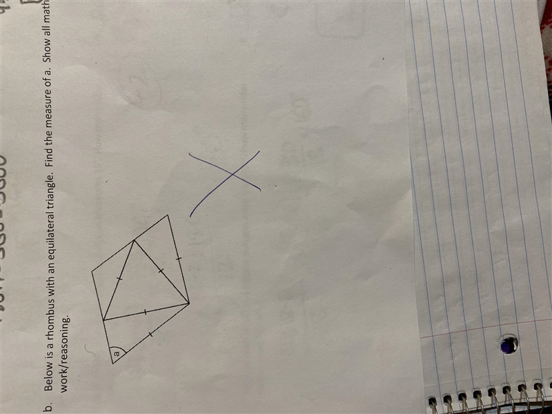 Below is a rhombus with an equilateral triangle. Find the measure of a.-example-1