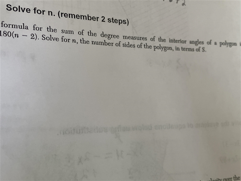 Solve for n. (remember 2 steps) The formula for the sum of the degree measures of-example-1