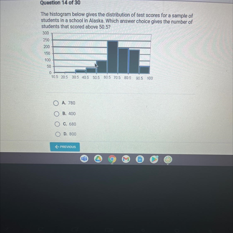 Question 14 of 30The histogram below gives the distribution of test scores for a sample-example-1