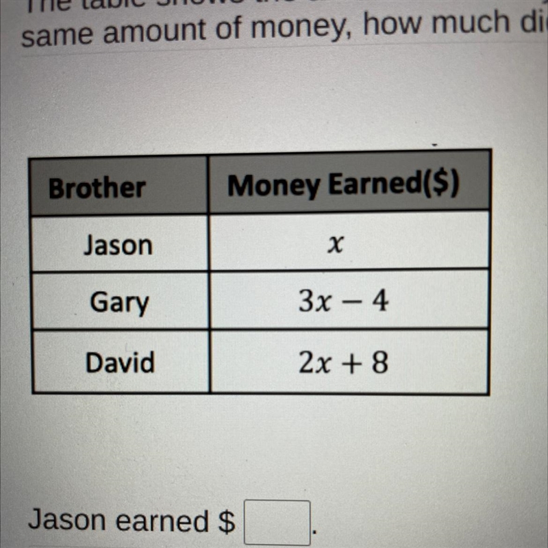 The table shows the amount of money earned by three brothers doing chores. If Gary-example-1