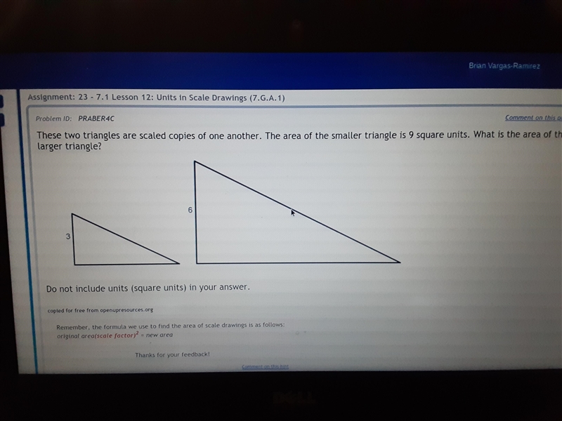 These two triangles are scaled copies of one another the area of the smaller triangle-example-1