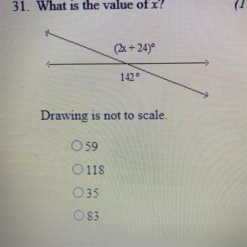 Help pls lol 31. What is the value of x? (2x + 24)° 142° (1 point)-example-1