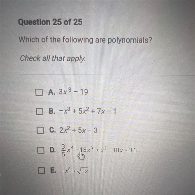 PLEASE HELP ASAP!!!! Which of the following are polynomials?-example-1