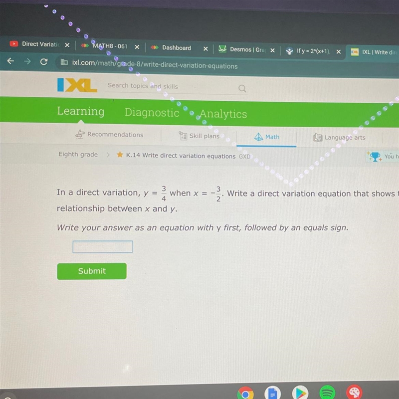 Tutoria 3 2 In a direct variation, y = when x = 4 relationship between x and y. Write-example-1