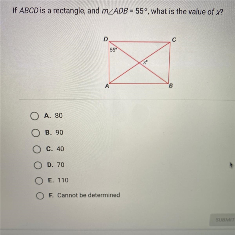 If ABCD is a rectangle, and m_ADB = 55°, what is the value of X?Dс55°7A09-example-1