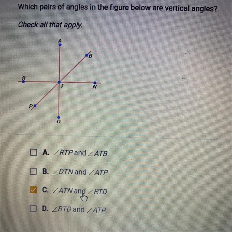 Which pairs of angles in the figure below are vertical angles? Check all that apply-example-1