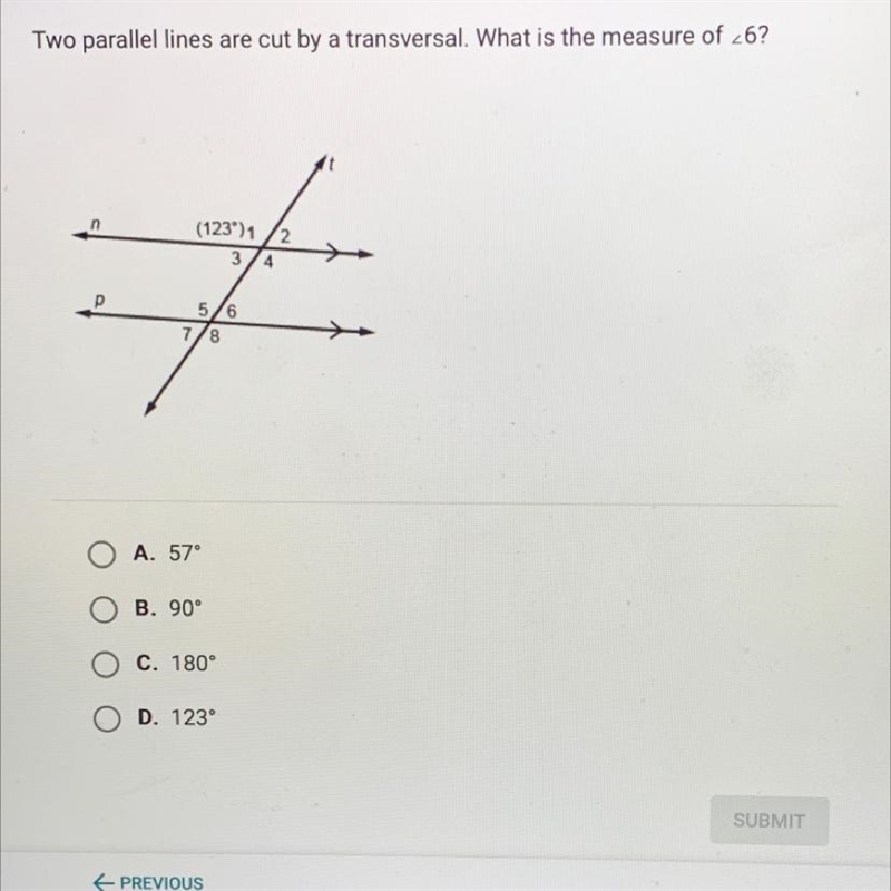 Two parallel lines are cut by a transversal. What is the measure of <6?-example-1