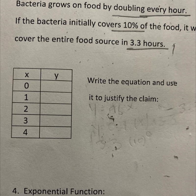 3. Exponential Function: Bacteria grows on food by doubling every hour. If the bacteria-example-1