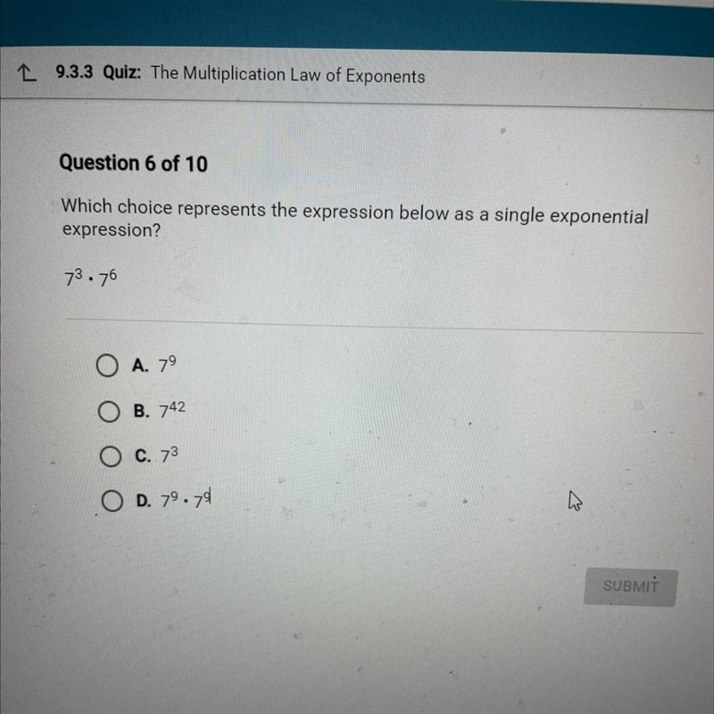 Which choice represents the expression below as a single exponential expression? 73.76 O-example-1